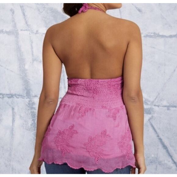 Guess Pink Hailey Crochet Embroidered Halter Top Viscose Silk Women’s Sz Large - Picture 3 of 14